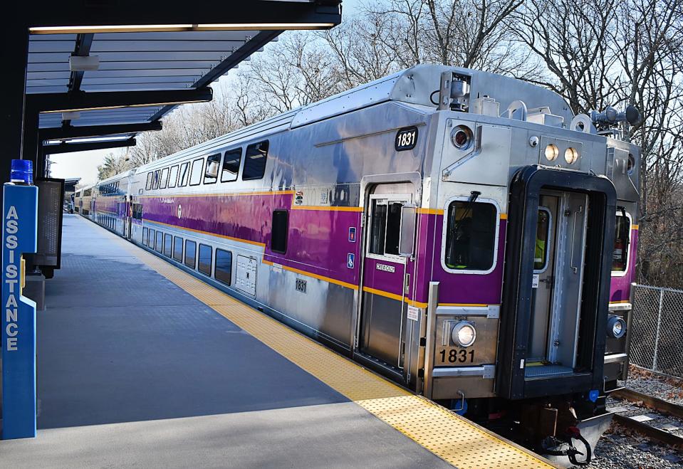 A train rolls into the newly completed Freetown Station stop of the South Coast Rail during the  ribbon cutting Monday, Dec. 5.