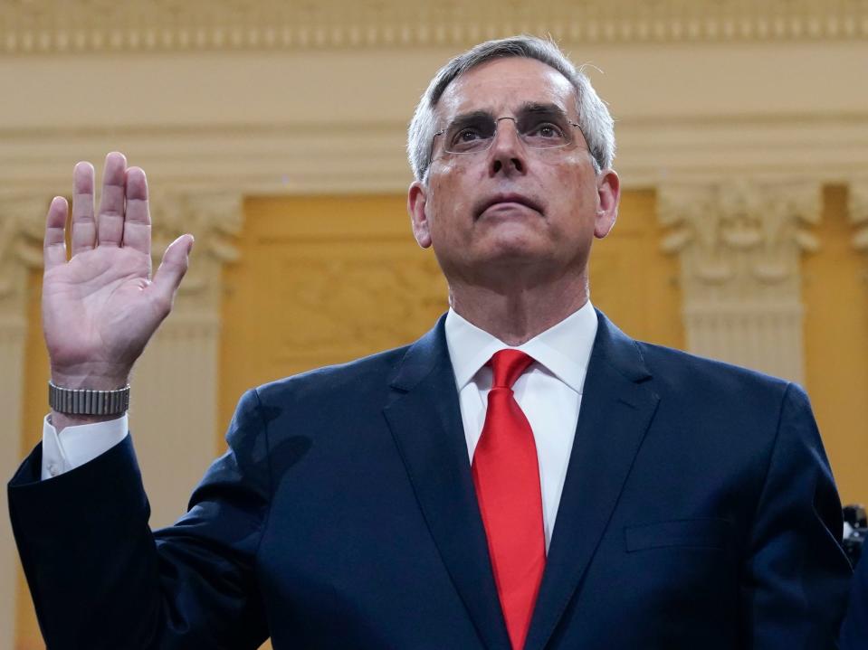 Brad Raffensperger, Georgia Secretary of State, is sworn in to testify as the House select committee investigating the Jan. 6 attack on the U.S. Capitol continues to reveal its findings of a year-long investigation, at the Capitol in Washington, Tuesday, June 21, 2022.