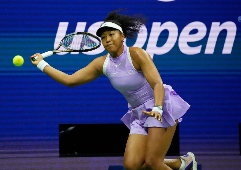 Aug 30, 2022; Flushing, NY, USA;    Naomi
Osaka of Japan hits to Danielle Collins of the USA on day two of the 2022 U.S. Open tennis tournament at USTA Billie Jean King National Tennis Center. Mandatory Credit: Robert Deutsch-USA TODAY Sports