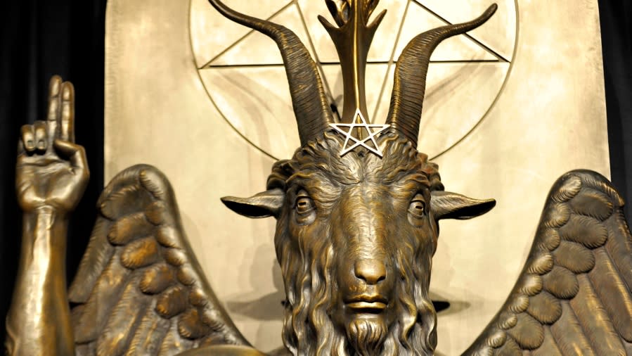 <em>The Baphomet statue is seen at the Satanic Temple in Salem, Mass., on Oct. 8, 2019. Photo by Joseph Prezioso/AFP via Getty Images</em>