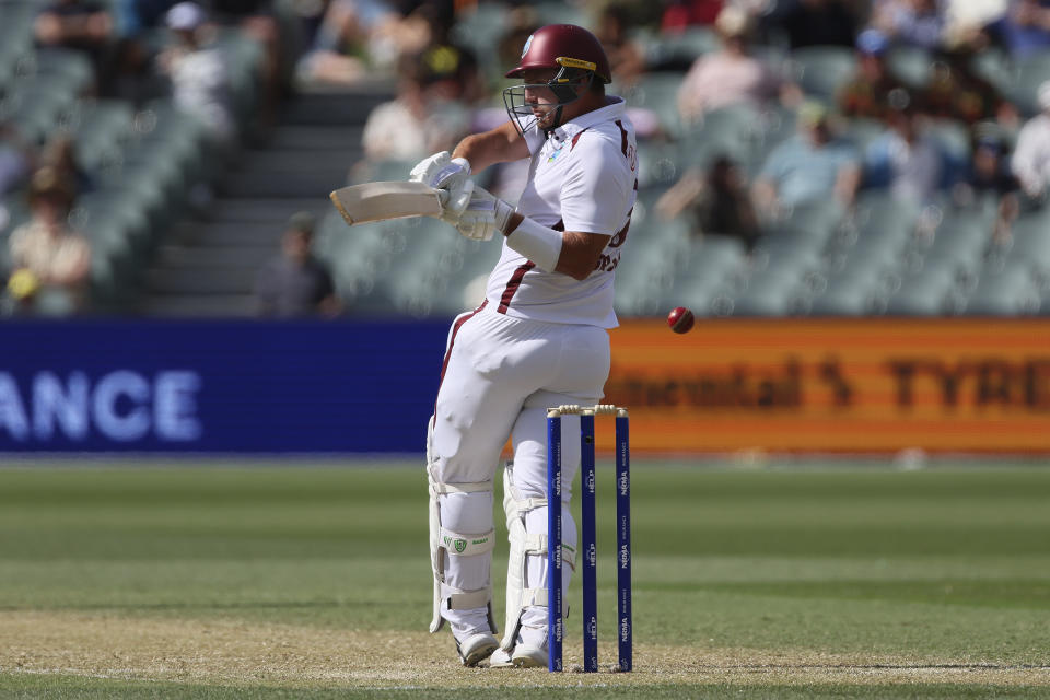 West Indies' Joshua Da Silva bats against Australia on the second day of their cricket test match in Adelaide, Australia, Thursday, Jan. 18, 2024. (AP Photo/James Elsby)