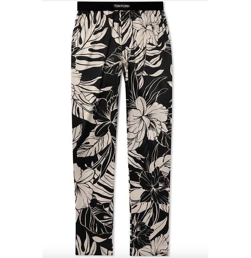 Velvet-Trimmed Printed Stretch Silk-Satin Pyjama Trousers