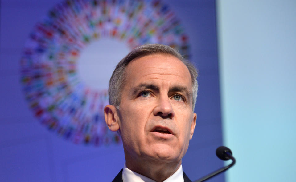 Governor of the Bank of England Mark Joseph Carney makes remarks during a "Governor Talks" session of the IMF and World Bank's 2019 Annual Meetings of finance ministers and bank governors, in Washington, October 18, 2019.   REUTERS/Mike Theiler