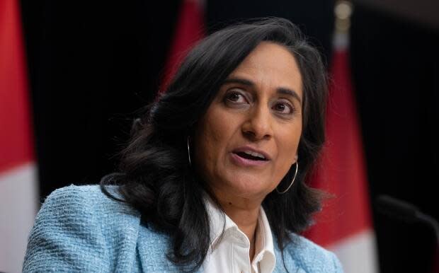 President of the Treasury Board Anita Anand speaks during a news conference, in Ottawa on Jan. 29.