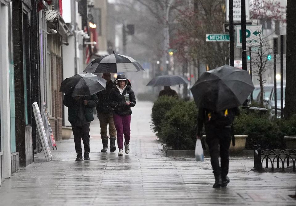 Pedestrians with umbrellas walk along Mamaroneck Ave. in White Plains on Saturday, March 23, 2024.