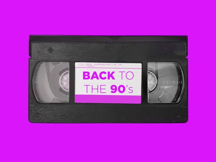 VHS tape with "BACK TO THE 90's" label on a purple background