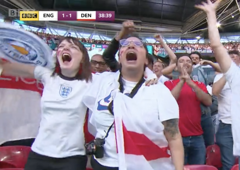 BBC cameras caught Nina Farooqi celebrating after England's first goal on Wednesday (BBC)