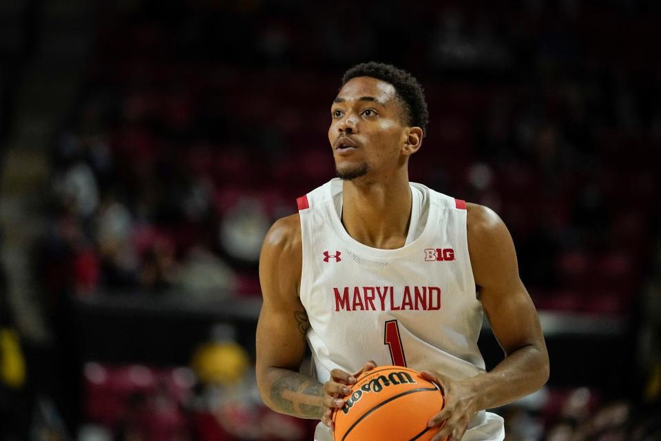 Maryland's James Graham III shoots against Quinnipiac during the second half of an NCAA college basketball game, Tuesday, Nov. 9, 2021, in College Park, Md. Maryland won 83-69. (AP Photo/Julio Cortez)