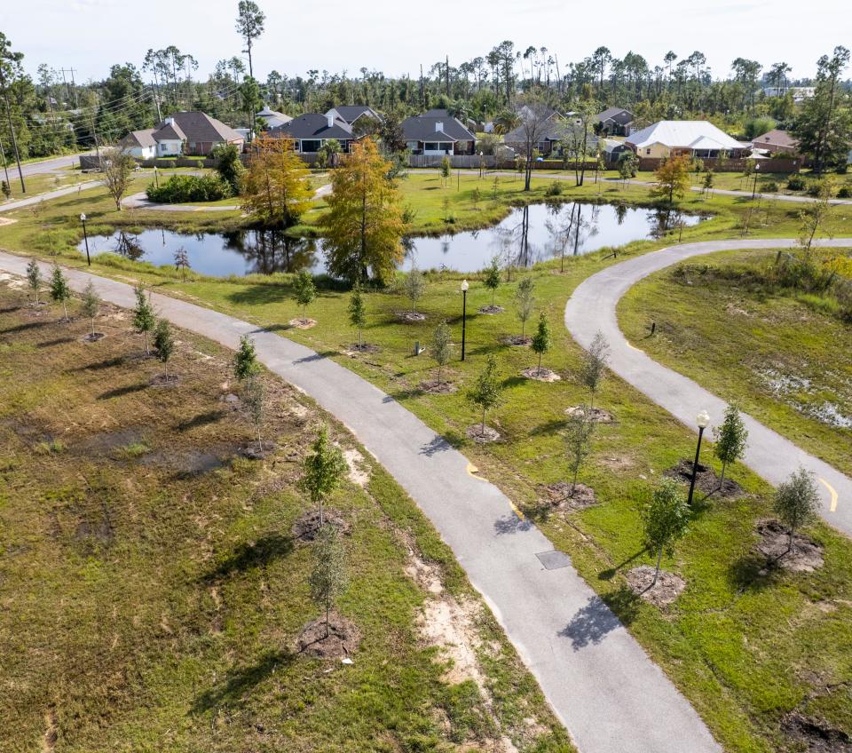 Almost 200 new trees line the walking path and spread out around Harvey Dee Mathis Park in Panama City on Oct. 11, 2021. The trees are part of ReTreePC's effort to regrow the city's tree canopy lost to Hurricane Michael in 2018.