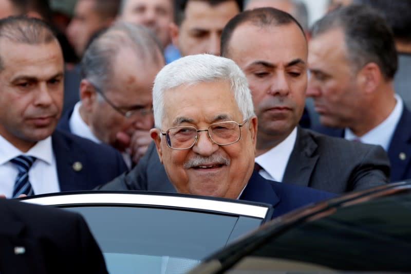 FILE PHOTO: Palestinian President Mahmoud Abbas leaves after opening a new department in Istishari Arab Hospital, in Ramallah