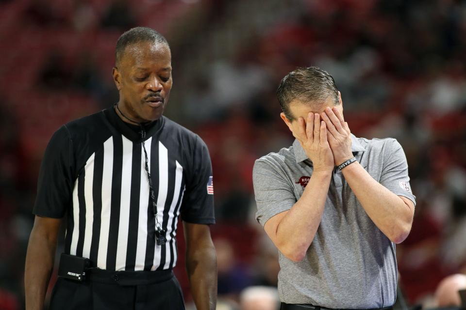 Feb 27, 2024; Fayetteville, Arkansas, USA; Arkansas Razorbacks head coach Eric Musselman reacts to an officials call during the first half against the Vanderbilt Commodores at Bud Walton Arena. Mandatory Credit: Nelson Chenault-USA TODAY Sports