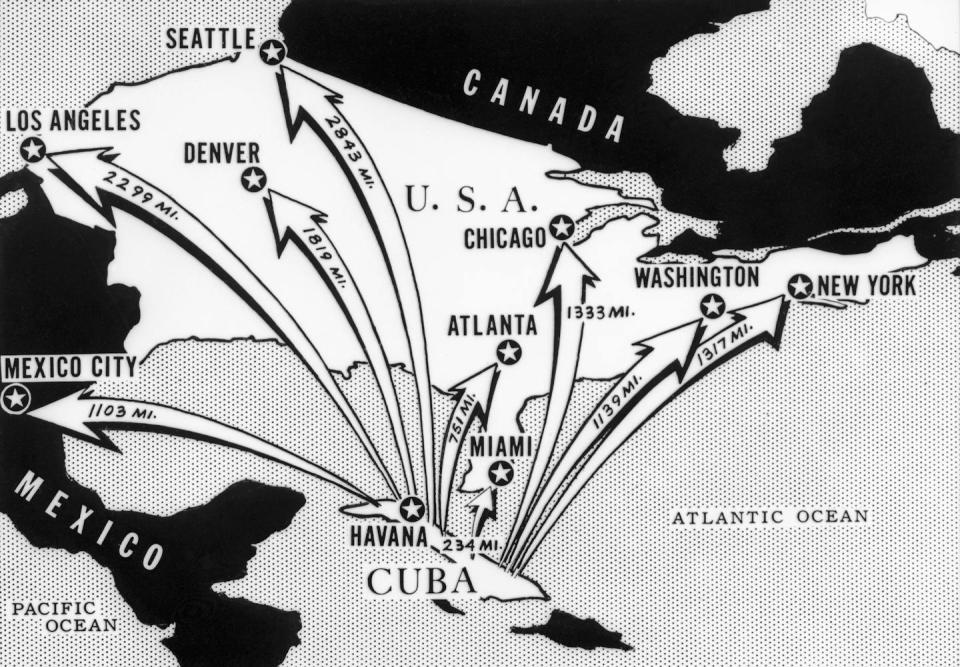 A map newspaper map from the time of the Cuban Missile Crisis shows the distances from Cuba of various cities on the North American Continent.