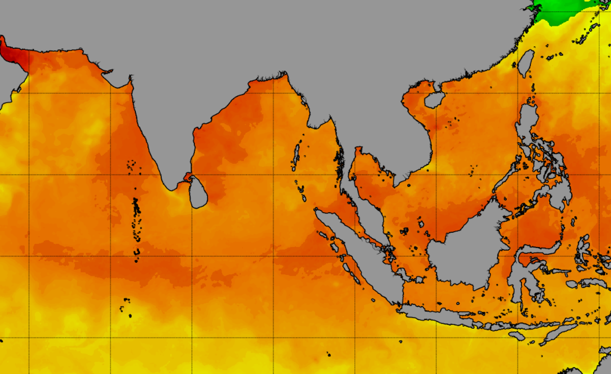 The Indian Ocean's heat is having effects on land, too. <a href="https://coralreefwatch.noaa.gov/product/5km/index_5km_sst.php" rel="nofollow noopener" target="_blank" data-ylk="slk:NOAA Coral Reef Watch;elm:context_link;itc:0;sec:content-canvas" class="link ">NOAA Coral Reef Watch</a>