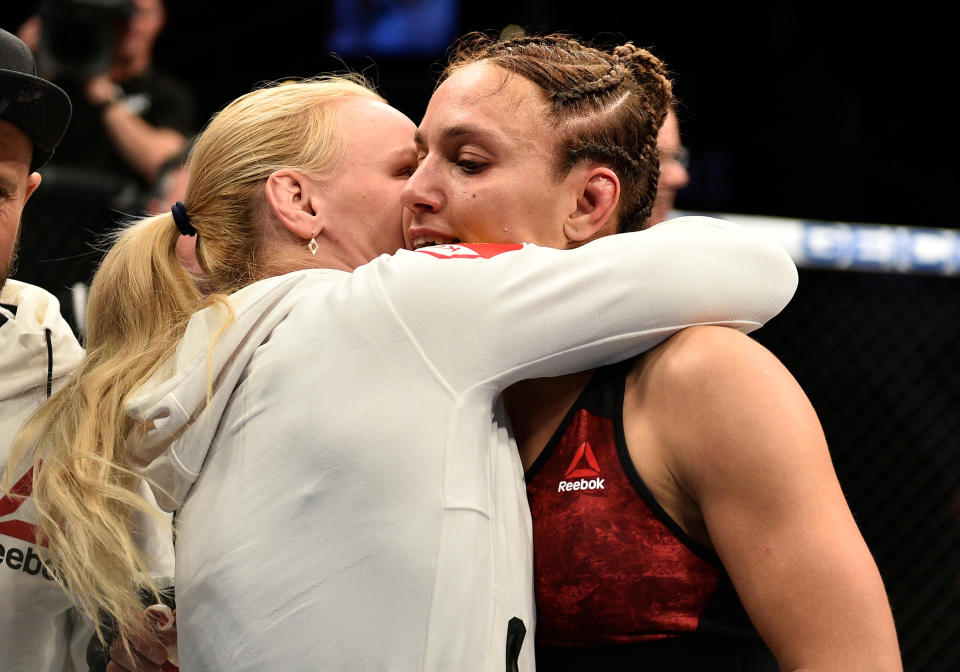 Valentina Shevchenko (L) celebrates with her sister, Antonina, after her bout against Ji Yeon Kim during “The Ultimate Fighter Finale” at Palms Casino Resort on Nov. 30, 2018, in Las Vegas. (Getty Images)