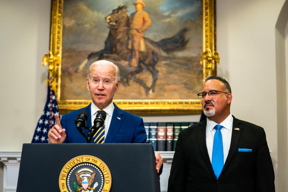 WASHINGTON, DC  August 24, 2022:

US President Joe Biden delivers remarks regarding student loan debt forgiveness in the Roosevelt Room of the White House on Wednesday August 24, 2022. Education Secretary Miguel Cardona joined. (Photo by Demetrius Freeman/The Washington Post via Getty Images)