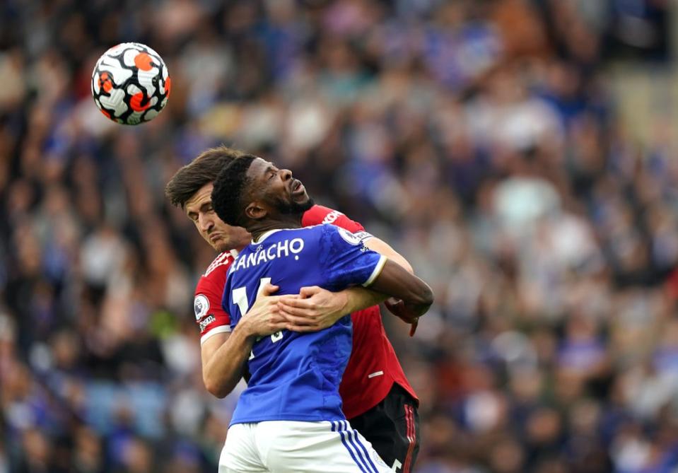 Harry Maguire (left) and Kelechi Iheanacho battled for the ball (Mike Egerton/PA) (PA Wire)