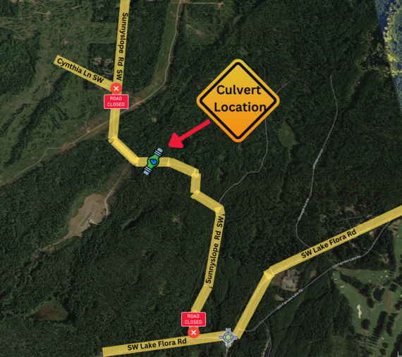 Sunnyslope Road SW between SW Lake Flora Road and Cynthia Lane SW in South Kitsap is closed due to the recent heavy rains that led to the failure of a culvert that carries Coulter Creek beneath the road, according to Kitsap County.