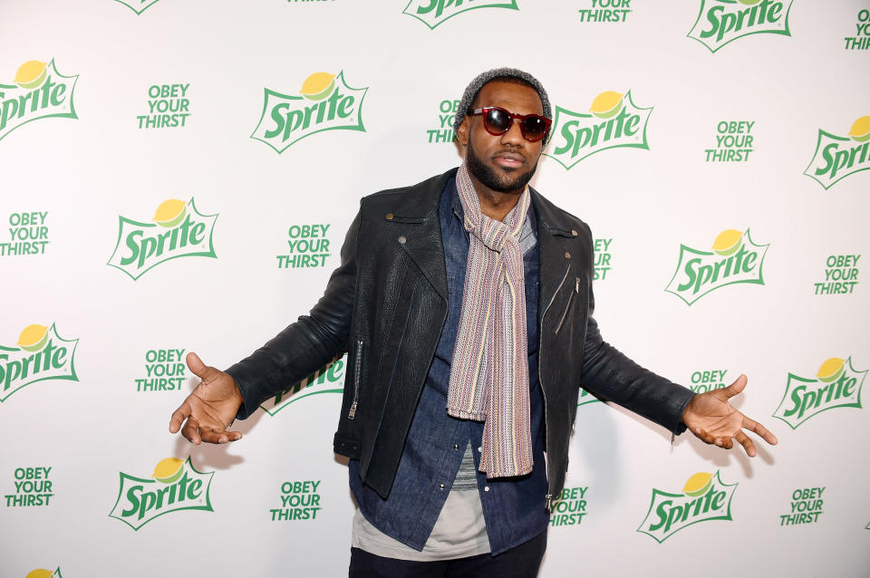 NEW YORK, NY - FEBRUARY 13:  Professional basketball player LeBron James poses on the green carpet before the Sprite Obey Your Thirst Concert featuring hip-hop artists Drake, Nas and Q-Tip at Irving Plaza in New York City on Friday, Feb. 13.  (Photo by Theo Wargo/Getty Images For Sprite)