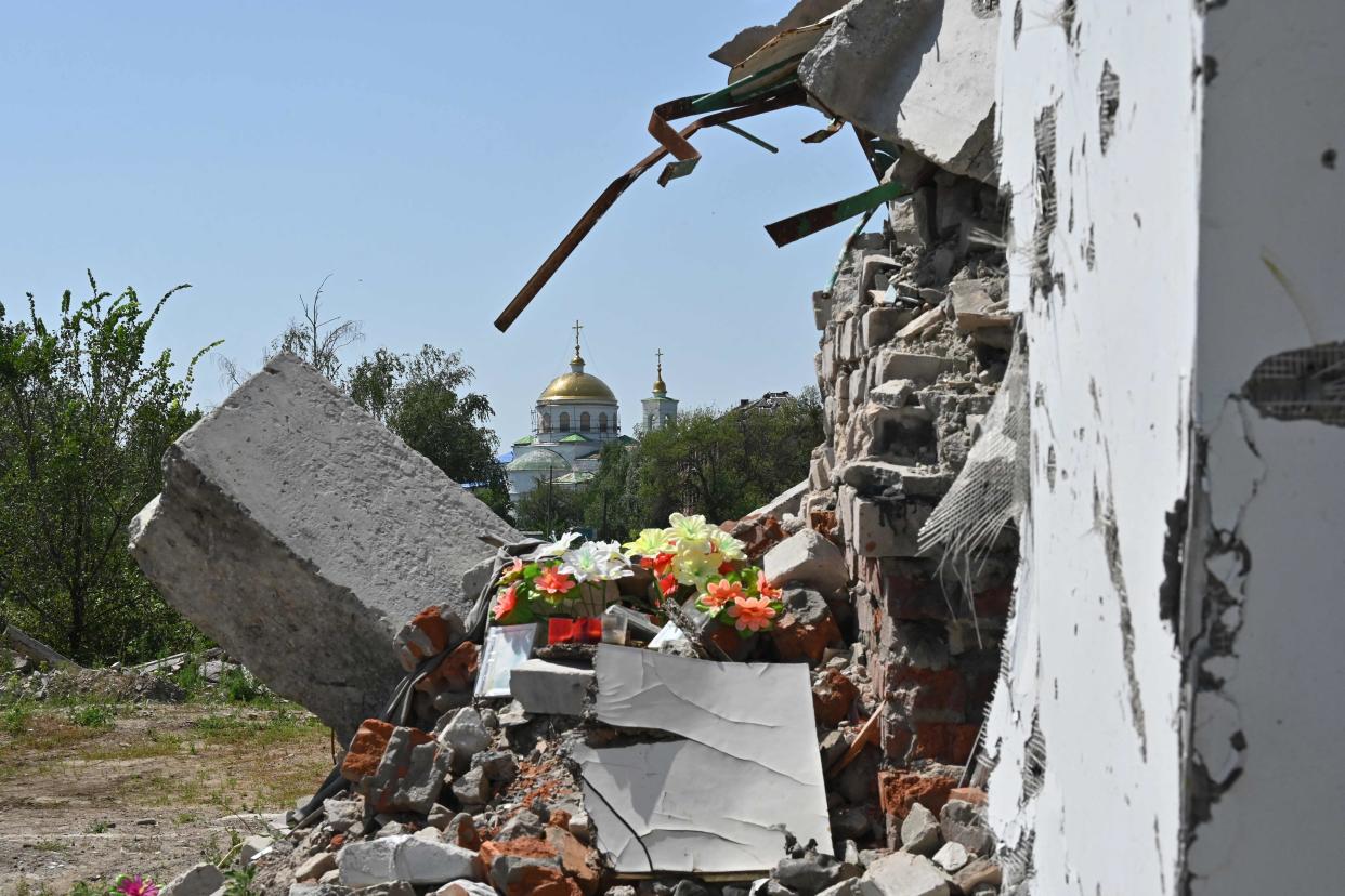 A destroyed residential building on Pamyati Street, in Izyum, where 47 civilians were killed as a result of an aerial bombardment on March 9 2022 (AFP via Getty Images)