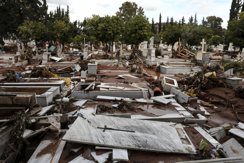 <p>A view of the damaged cemetery of Mandra town, west of Athens, Saturday, Nov. 18, 2017. (Photo: Yorgos Karahalis/AP) </p>