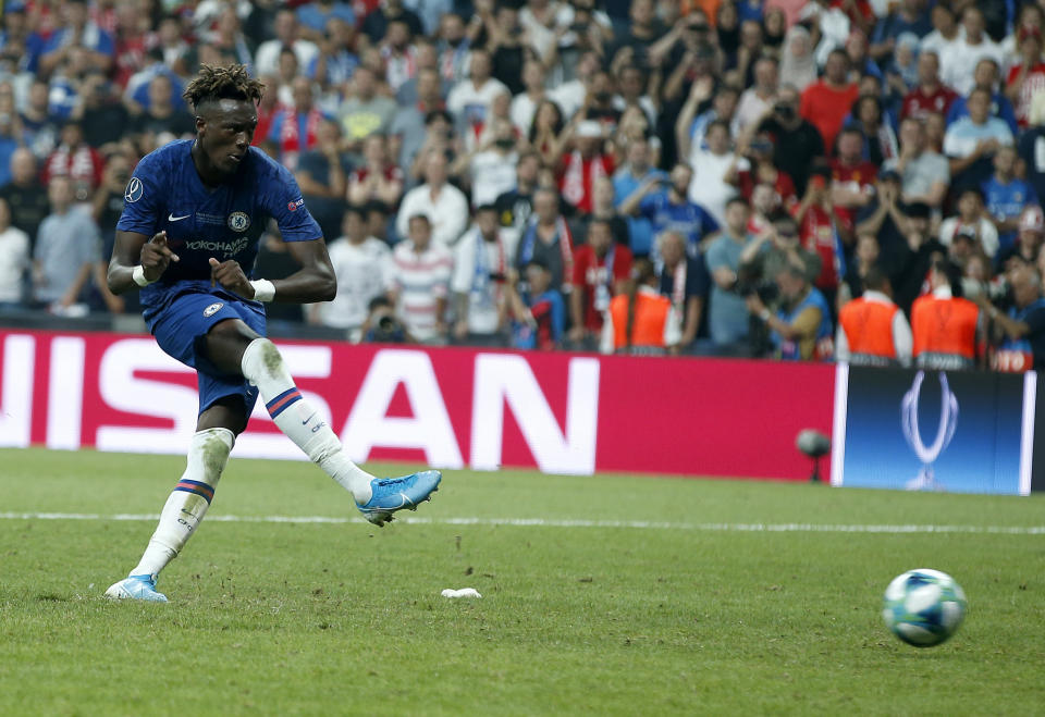 Chelsea's Tammy Abraham fails to score by penalty during the penalty shootout at the UEFA Super Cup soccer match between Liverpool and Chelsea, in Besiktas Park, in Istanbul, Wednesday, Aug. 14, 2019.(AP Photo/Lefteris Pitarakis)