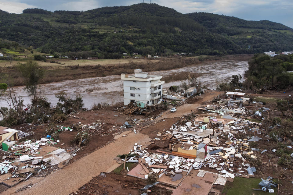 Aerial view of flood debris left on Wednesday after a cyclone hit Muçum, Brazil.