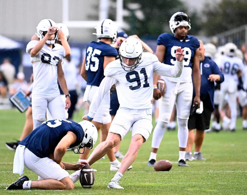 Penn State kicker Alex Felkins practices fields goals during Penn State’s open football practice Saturday, Aug. 12, 2023.