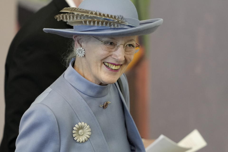 Queen Margrethe attends the Danish Parliament's celebration of her 50th Regent's Anniversary at Christiansborg Castle, Copenhagen, Friday Jan. 14, 2022. Denmark’s popular monarch Queen Margrethe is marking 50 years on the throne with low-key events. The public celebrations for Friday's anniversary have been delayed until September due to the pandemic. (Mads Claus Rasmussen/Ritzau Scanpix via AP)