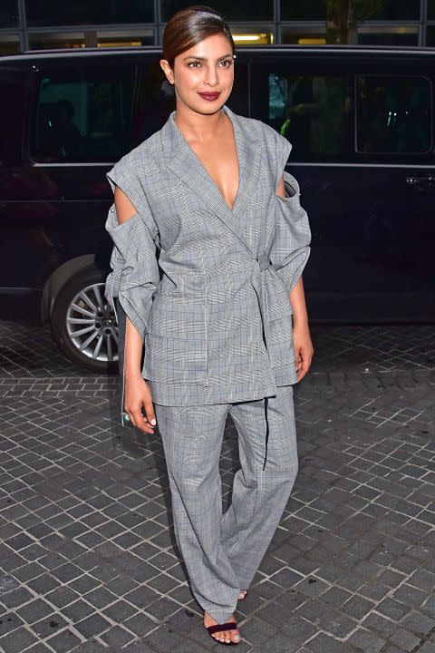 <p><strong>May 2017</strong> Priyanka Chopra attended the Baywatch European premiere party in Berlin wearing a cut-out Public School suit. </p>