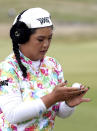 USA's Christina Kim on the 18th during day two of the Ladies Scottish Open at The Renaissance Club, North Berwick, Scotland, Friday Aug. 14, 2020. (Jane Barlow/PA via AP)