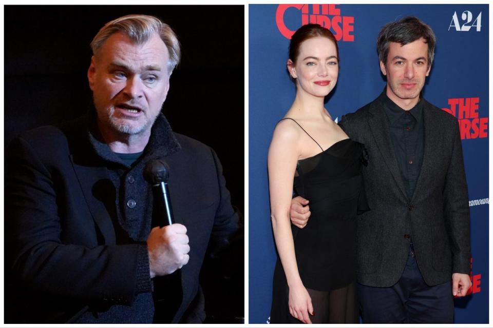 Christopher Nolan (left) and ‘The Curse’ stars Emma Stone and Nathan Fielder (Getty)