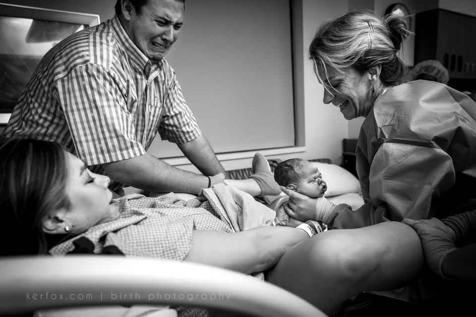 "This dad had been emotional from the moment the midwife told his partner it was time to push. He supported her through every second of her painful labor &mdash; and two epidurals. There was so much anticipation and lead-up to this moment that when the time came, his emotions utterly overwhelmed him in the most precious and authentic way. I can't imagine how much his daughter will love seeing this moment when she's older, knowing just how much her father loves her."