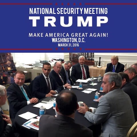 George Papadopoulos, second from left in the row facing the camera, and Donald Trump, top right, during a 2016 campaign meeting - Credit: realdonaldtrump/Instagram