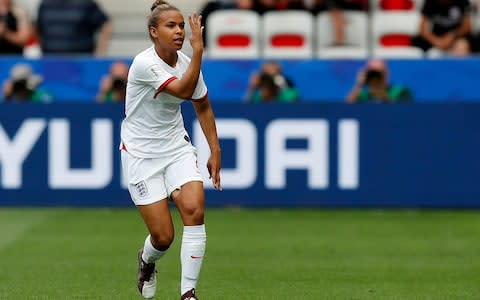 Nikita Parris of England celebrates after scoring a goal against Scotland during the preliminary round match between Scotland vs England - Credit: EPA