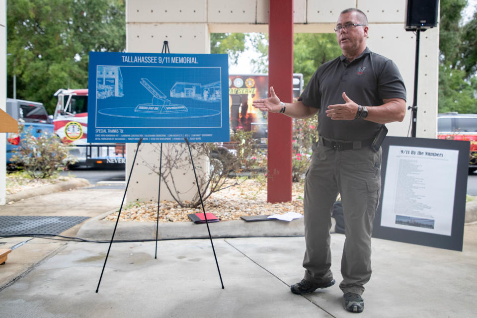 Team Guardian Founder Michael Terhune discusses the design he created for Leon County's 9/11 memorial which will be built at the American Red Cross Capital Area Office on Easterwood Drive and include a piece of a steel beam from one of the twin towers that he acquired Wednesday, Sept. 8, 2021. 