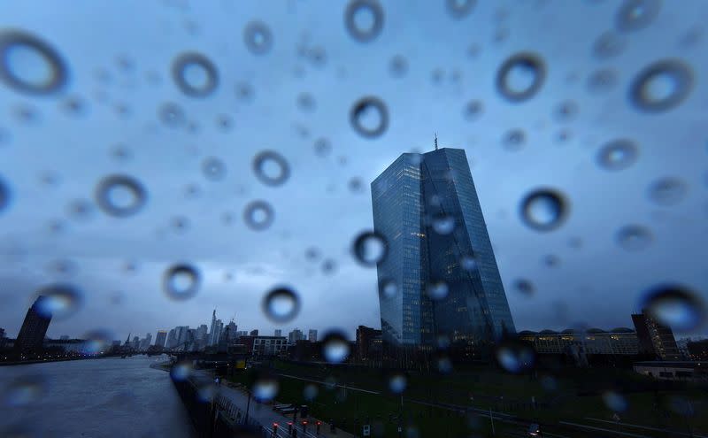 FILE PHOTO: The European Central Bank (ECB) during rain storm in Frankfurt