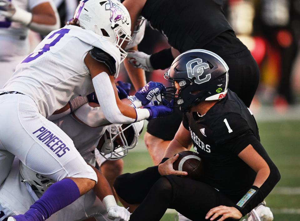 Corner Canyon and Lehi play in high school football semifinal action at Rice-Eccles Stadium in Salt Lake City on Friday, Nov. 10, 2023. Corner Canyon won 63-24. | Scott G Winterton, Deseret News