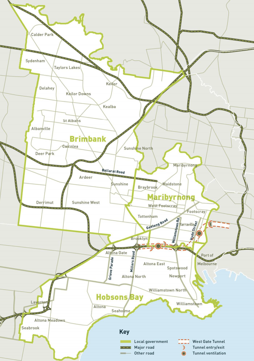 The three areas in Melbourne's inner west impacted by poor air quality. Source: IWAQG report