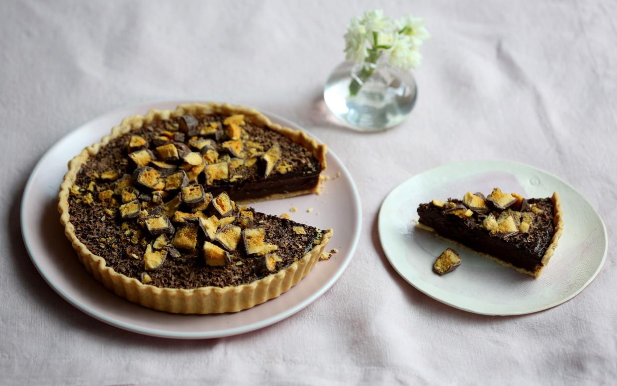 View of honeycomb chocolate tart