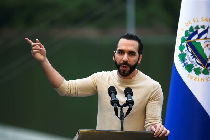 FILE PHOTO: El Salvador's President Bukele speaks during the inauguration of the 3 de Febrero hydroelectric power plant in San Luis de La Reina