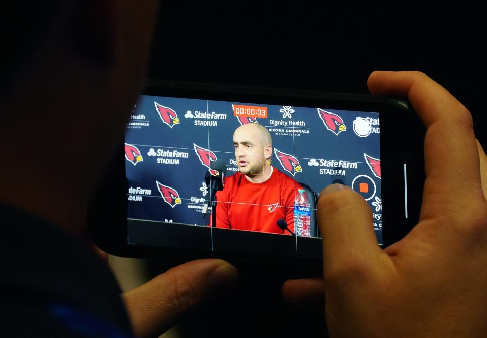 Drew Petzing, the Arizona Cardinals' new offensive coordinator, speaks during an introductory news conference at the Cardinals practice facility in Tempe on Feb. 23, 2023.