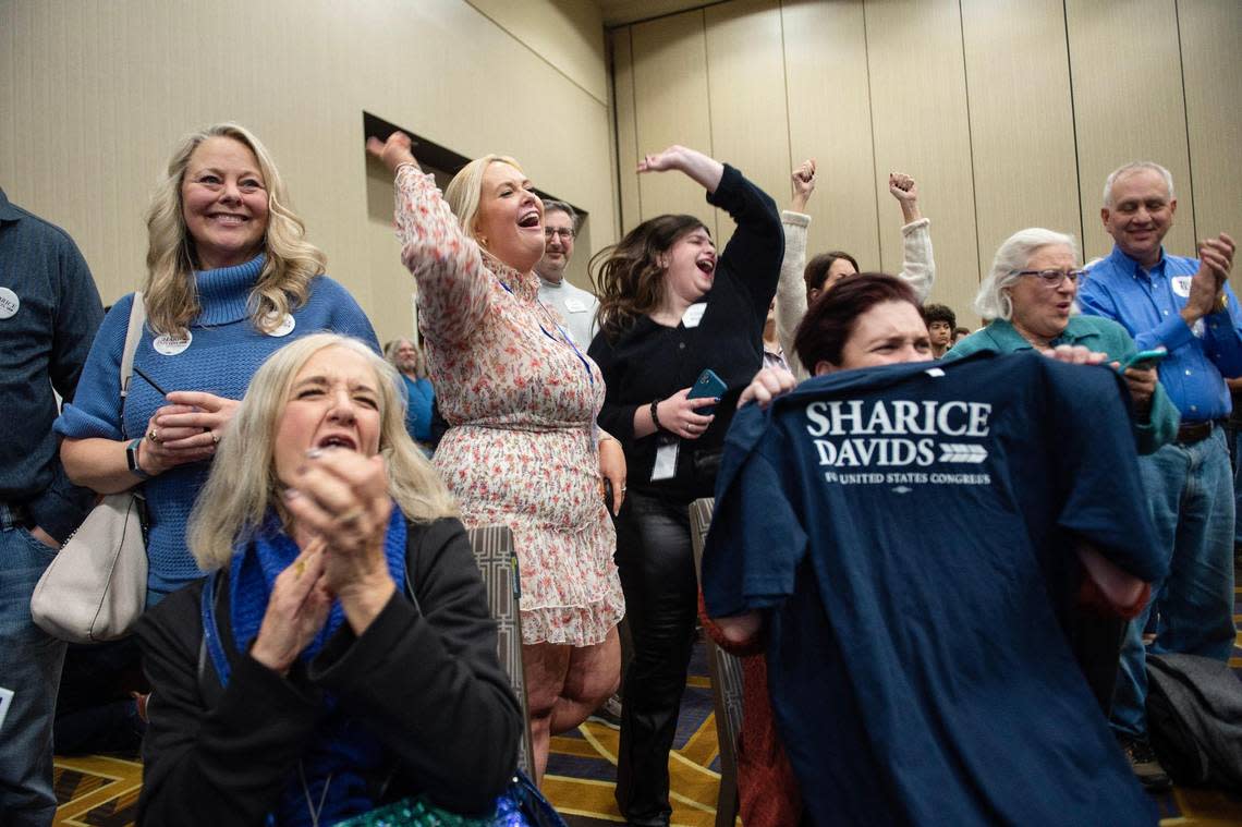 Supporters of Kansas 3rd District Rep. Sharice Davids celebrated at DavidsÕ election night watch party at the Sheraton Hotel in Overland Park, after learning that she had defeated Republican challenger Amanda Adkins Tuesday, Nov. 8, 2022,