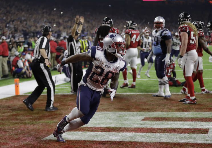 James White after he scored the first overtime touchdown in Super Bowl history. (AP)