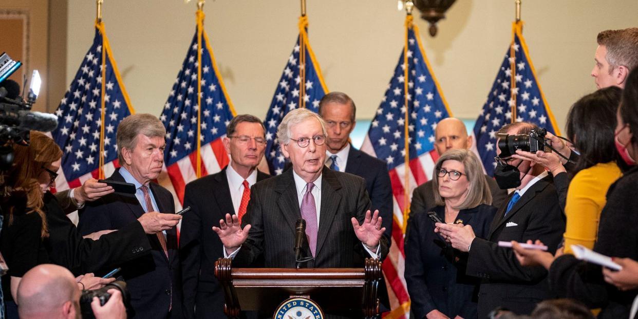 Senate Republican leaders speaking at their weekly press conference on May 10, 2022.