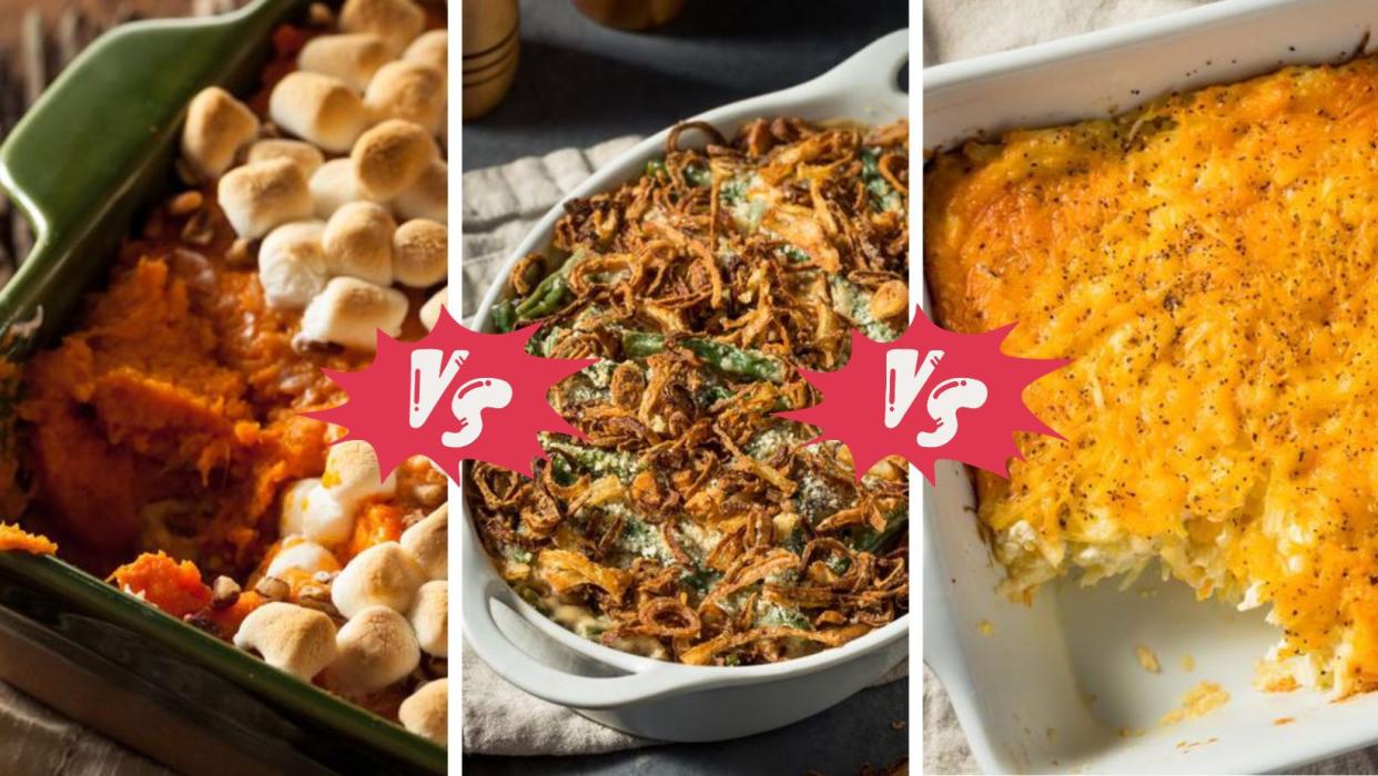 Photos of Thanksgiving casseroles: sweet potato vs. green beans vs. mac and cheese