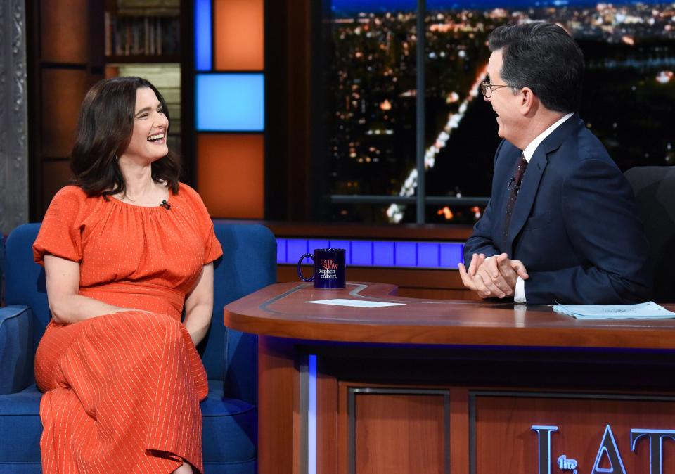 The Late Show with Stephen Colbert and guest Rachel Weisz during Thursday's April 26, 2018 show