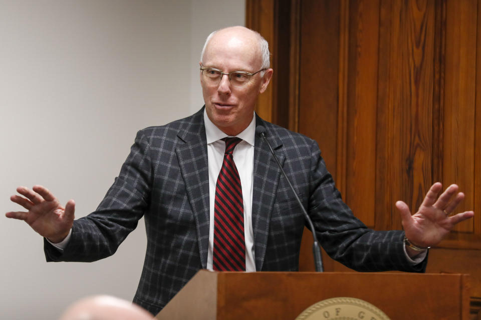 FILE - In this March 3, 2020, file photo, Atlanta Falcons President and CEO Rich McKay speaks during a a hearing on legalized sports betting in Atlanta. After the missed call at the NFC championship in the 2018 season, the NFL came up with was a one-year trial in which pass interference calls could be reviewed in the video replay system. It was hailed as major step to aid officiating. But the NFL blew it, and on Thursday, May 28, 2020, barring a stunning turnaround, the rule will disappear. “We passed that rule for one year," said McKay, the longtime co-chairman of the powerful competition committee. (Bob Andres/Atlanta Journal-Constitution via AP, File)