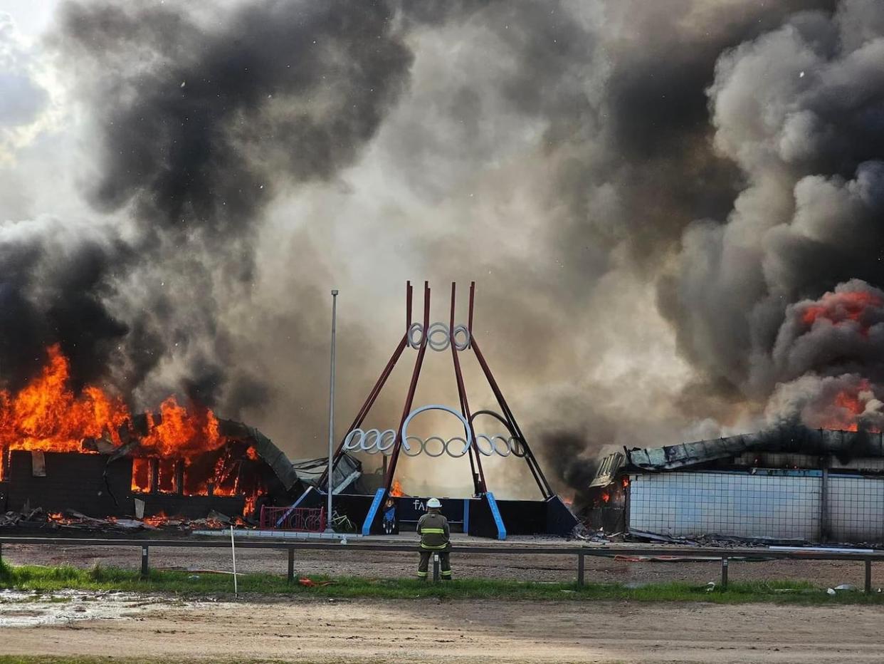 A fire completely destroyed the Waweyekisik Education Centre on Waterhen Lake First Nation on Tuesday. (Felicia LaPratt - image credit)