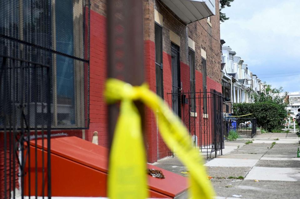 PHOTO: A police tape is seen as investigations are ongoing the day after a mass shooting in the Kingsessing section of southwest Philadelphia, Pennsylvania, July 4, 2023. (Bastiaan Slabbers/Reuters)