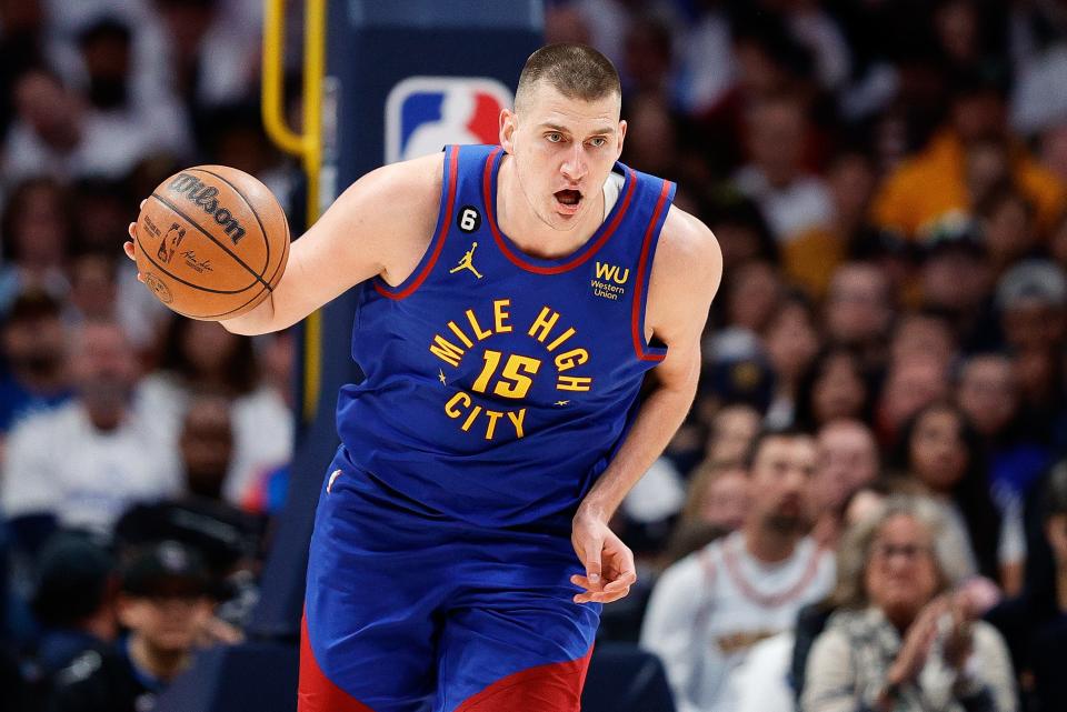 Denver Nuggets center Nikola Jokic controls the ball during Game 1 of the first-round playoff series against the Minnesota Timberwolves.